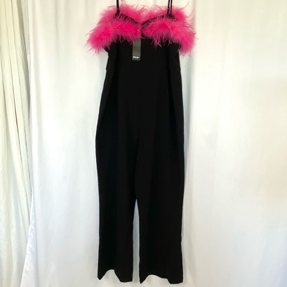 Nasty Gal Black Jumpsuit Hot Pink Feather Trim - Picture 2 of 16